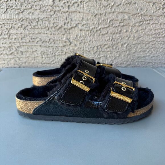 Birkenstock Arizona Shearling Eyelet Sandals Womens 38EU or 7US Shiny Black Gold - Picture 3 of 13
